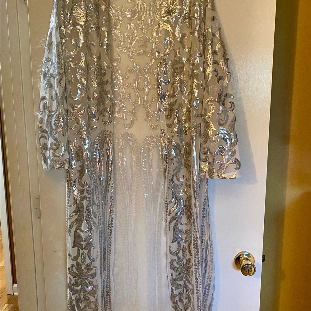 White Mesh Kimono/Duster w/Silver Sequins—NWOT
